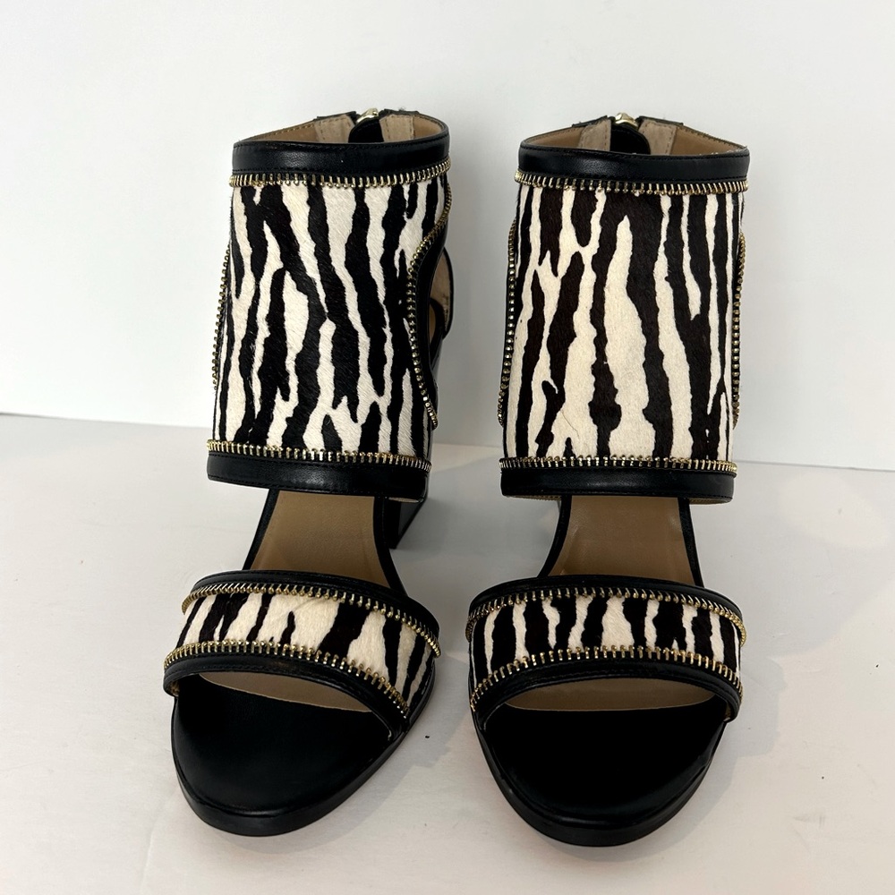 NWT Report Signature Sandals Women 7.5 Calf Hair Zebra Print Leather Chunky Heel